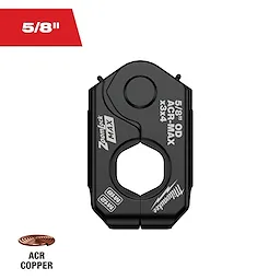 The image features the 5/8" ZoomLock MAX® MaxiPro® Pivoting Press Ring, designed for ACR copper tubing. The ring is black, with product specifications and branding printed in white. A red label indicating "5/8"" and a small coil of copper tubing labeled "ACR COPPER" are also shown.