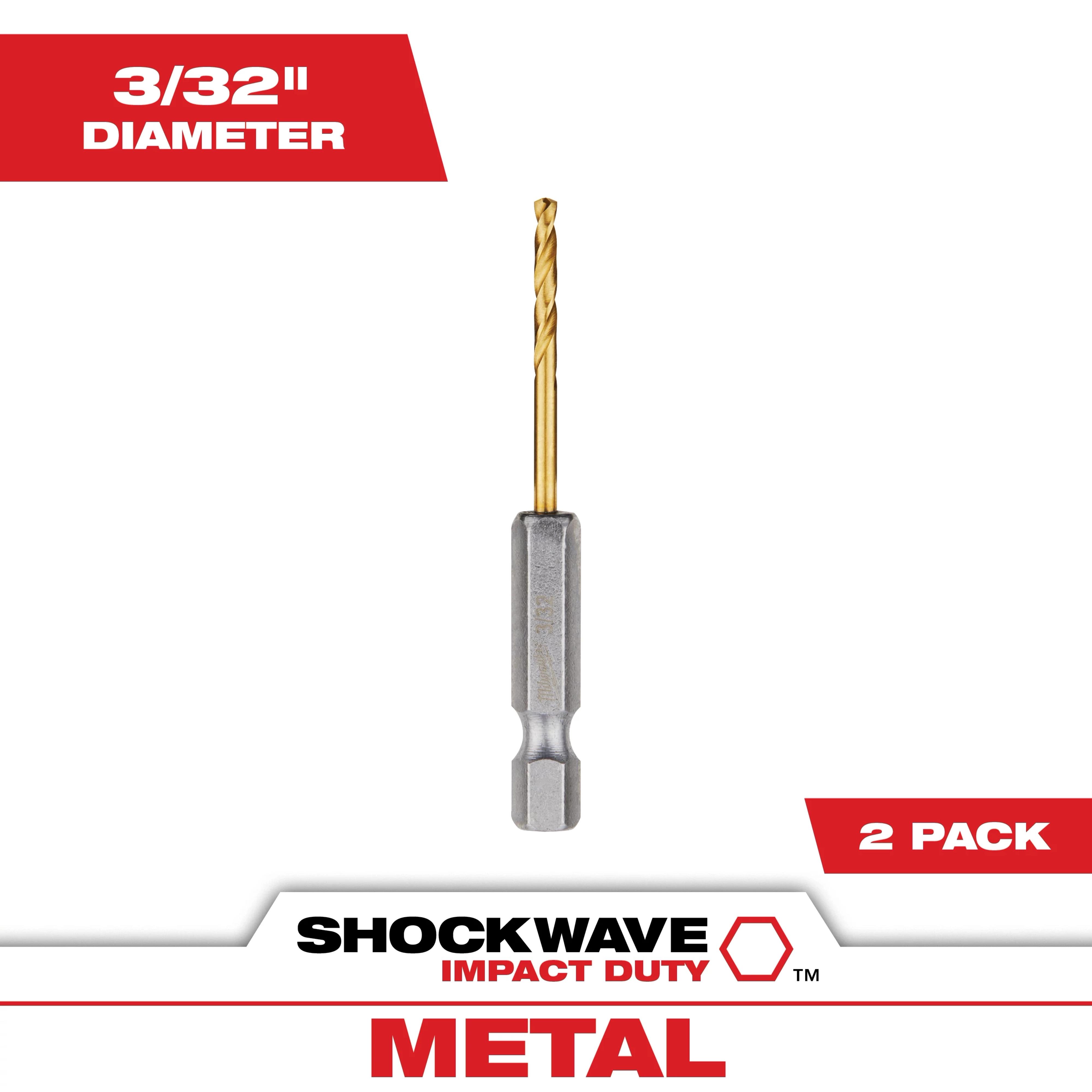 Shockwave 3/32 in. Titanium Drill Bit, designed for impact duty on metal, is displayed. The titanium coating ensures durability and performance. This product is packaged in a set of two.