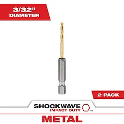 Shockwave 3/32 in. Titanium Drill Bit, designed for impact duty on metal, is displayed. The titanium coating ensures durability and performance. This product is packaged in a set of two.