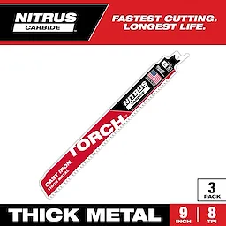 Nitrus Carbide Torch blade for thick metal cutting, 9 inches long with 8 teeth per inch. Features cast iron capability, fastest cutting, and longest life. Includes three blades per pack. Made in the USA, predominantly red and black color scheme with bold white text.