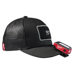 Black mesh baseball cap with a small Milwaukee Rechargeable Clip Light attached to the brim. Both items feature Milwaukee branding.