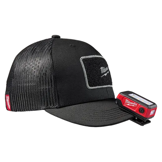Black mesh baseball cap with a small Milwaukee Rechargeable Clip Light attached to the brim. Both items feature Milwaukee branding.