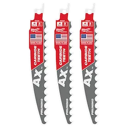Three Milwaukee 6" 3 TPI AX with Carbide Teeth SAWZALL Blades for Pruning are shown. The blades feature red and silver colors, with the American flag and "Made in USA" on the label. The design includes a distinctive hooked shape and large teeth suitable for pruning tasks.