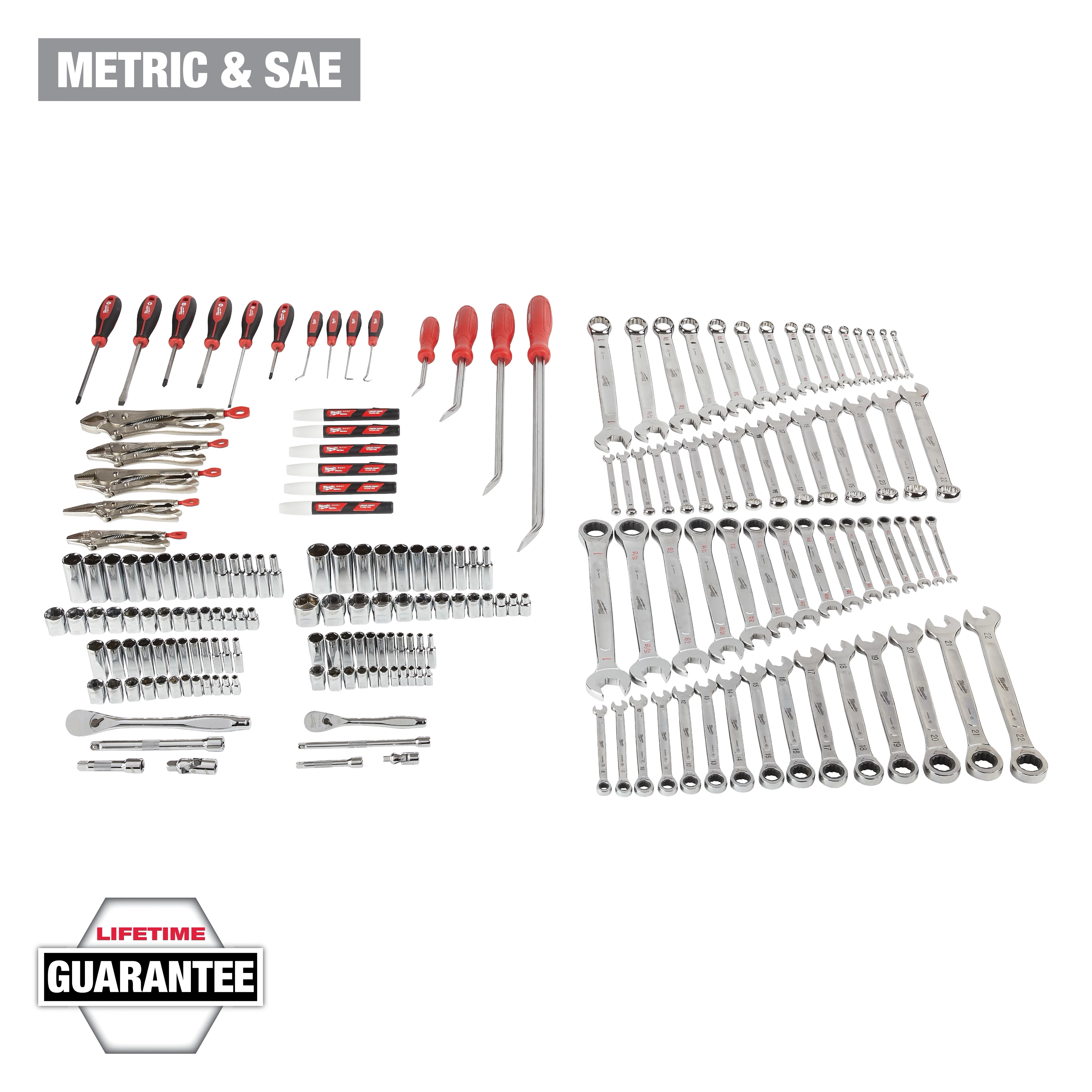 A comprehensive tool set featuring screwdrivers, wrenches, and various sockets. The tools are organized neatly with the phrase "Metric & SAE" displayed at the top left corner. The set comes with a lifetime guarantee, indicated by a label at the bottom left corner.