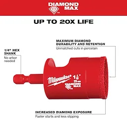 1-1/8" DIAMOND MAX Hole Saw Bit in red with 1/4" hex shank, designed for maximum diamond durability, retention, and increased diamond exposure.