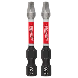 The image shows two identical Milwaukee SQ 2 square drive screwdriver bits with red and white branding on the upper half and black bases.