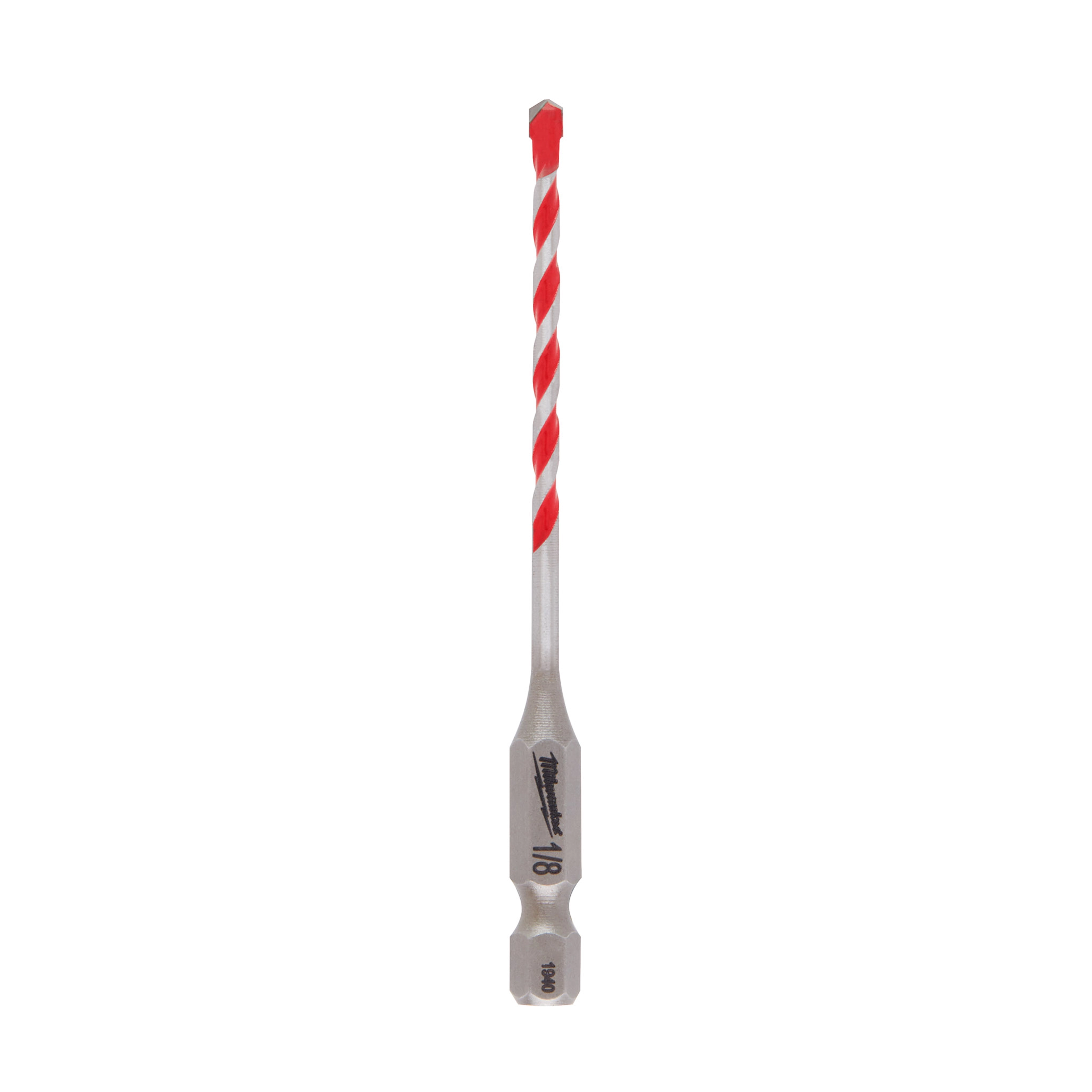 1/8" X 1-1/2" X 3-1/2" Hammer Drill Bit with a red and silver spiral design and a hexagonal shank for masonry drilling.
