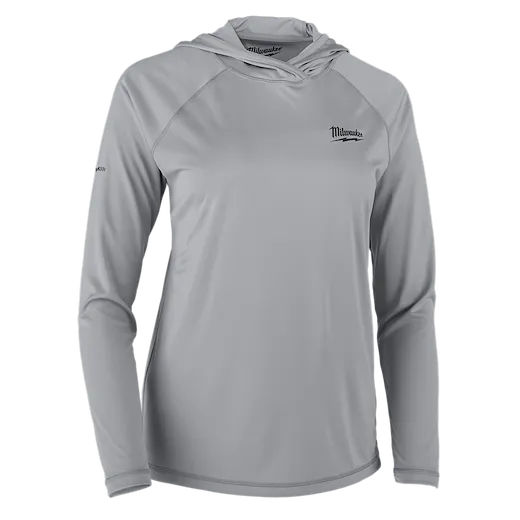 The image shows a Women's WORKSKIN™ Hooded Sun Shirt in gray. It is a long-sleeve hooded shirt made from lightweight, breathable fabric. The shirt features the Milwaukee logo on the left chest and is designed for sun protection.