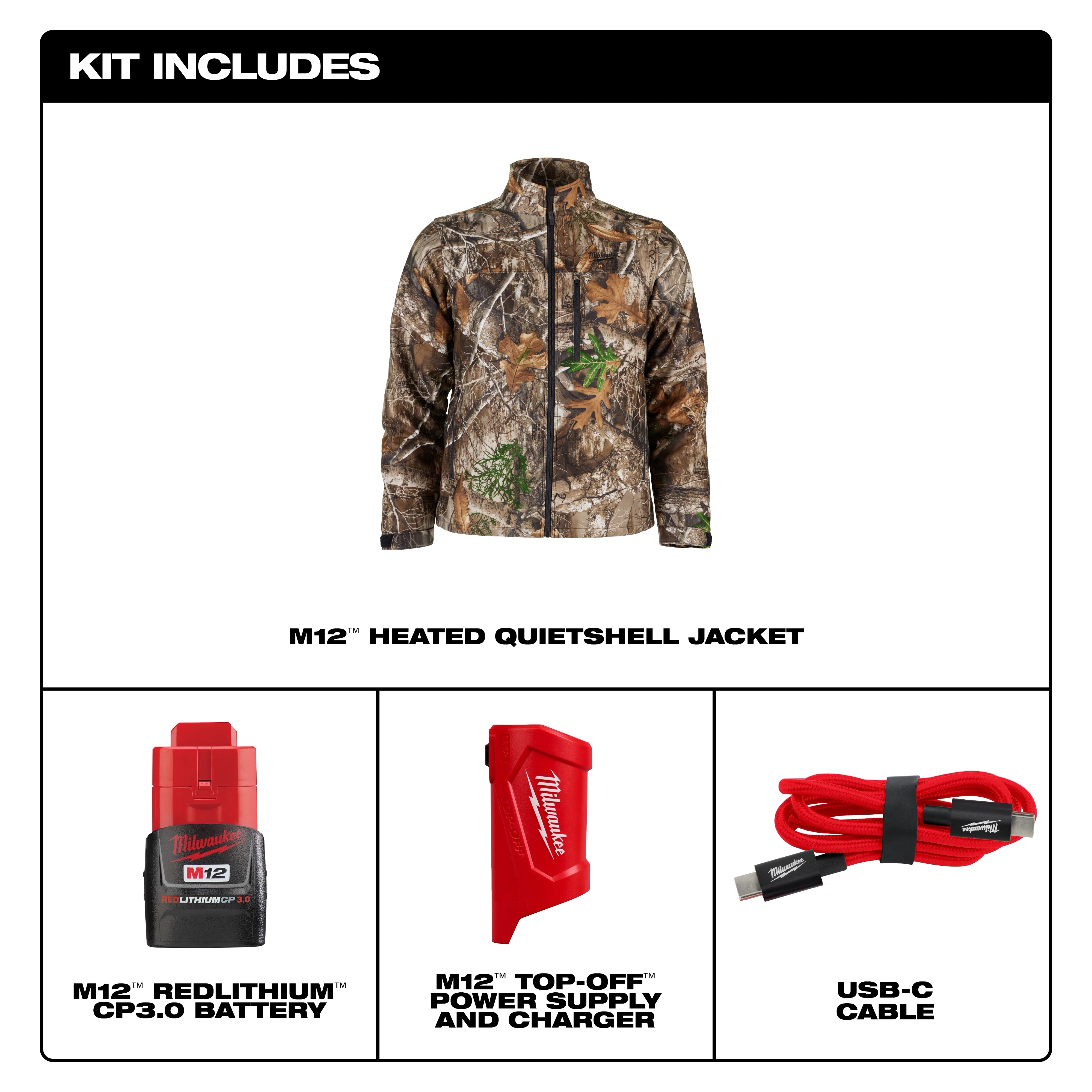 M12 Heated QUIETSHELL Jacket kit includes a camouflage jacket, M12 REDLITHIUM CP3.0 battery, M12 Top-Off power supply and charger, and USB-C cable.