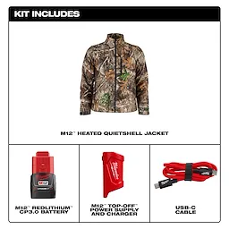 M12 Heated QUIETSHELL Jacket kit includes a camouflage jacket, M12 REDLITHIUM CP3.0 battery, M12 Top-Off power supply and charger, and USB-C cable.