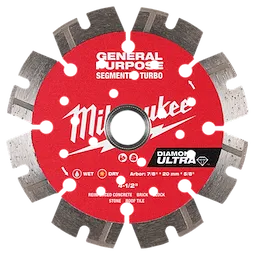A red 4-1/2" DIAMOND ULTRA™ Segmented Turbo, General Purpose Diamond Blade, with a Milwaukee logo and references to its use for reinforced concrete, brick, block, stone, and roof tile.