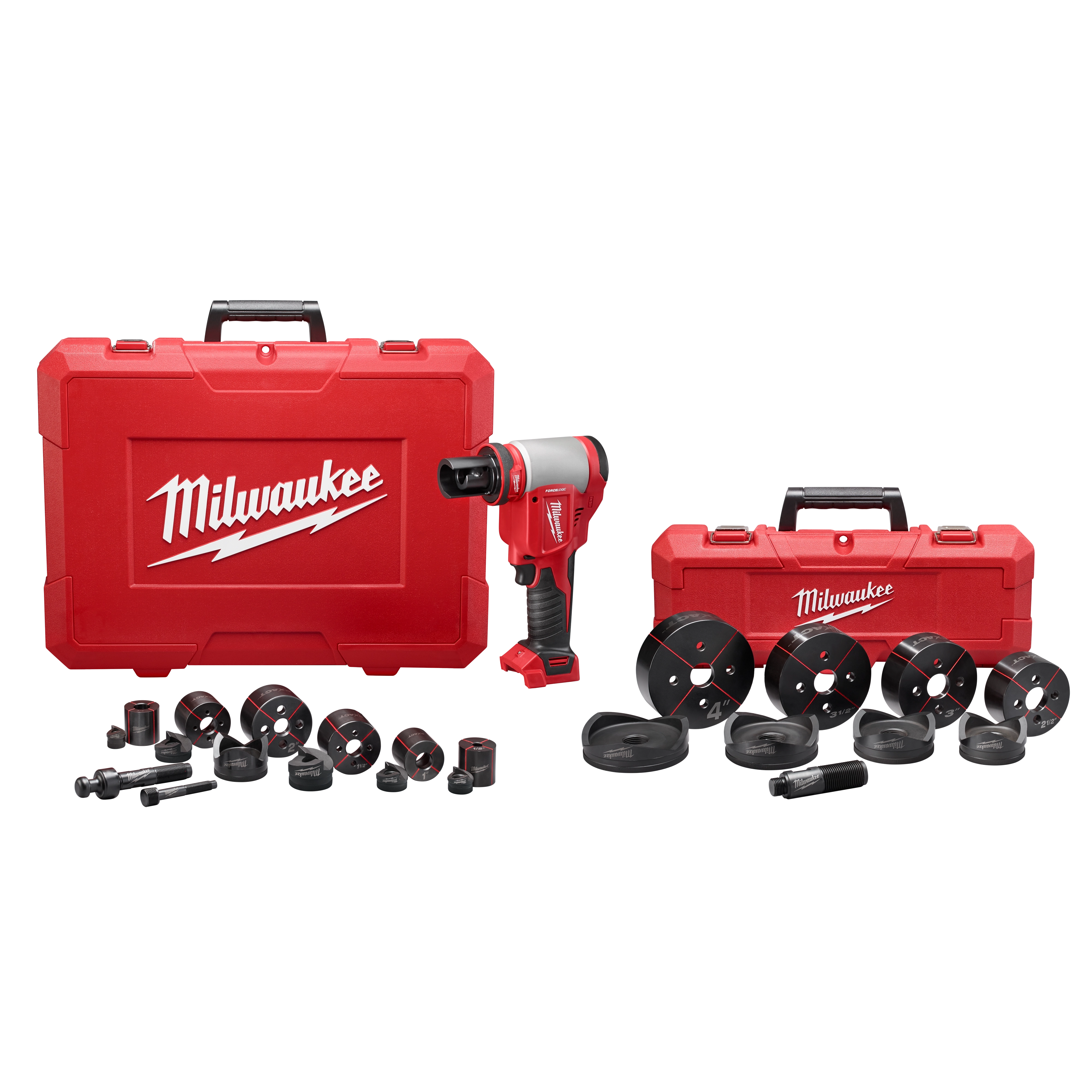 The image displays the M18™ FORCE LOGIC™ 10T Knockout Tool 1/2" - 4" with Punches & Dies, including a red tool, two red carrying cases, and various dies and punches arranged in front. The tool and accessories are designed for creating precise holes in various materials.