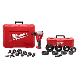The image displays the M18™ FORCE LOGIC™ 10T Knockout Tool 1/2" - 4" with Punches & Dies, including a red tool, two red carrying cases, and various dies and punches arranged in front. The tool and accessories are designed for creating precise holes in various materials.