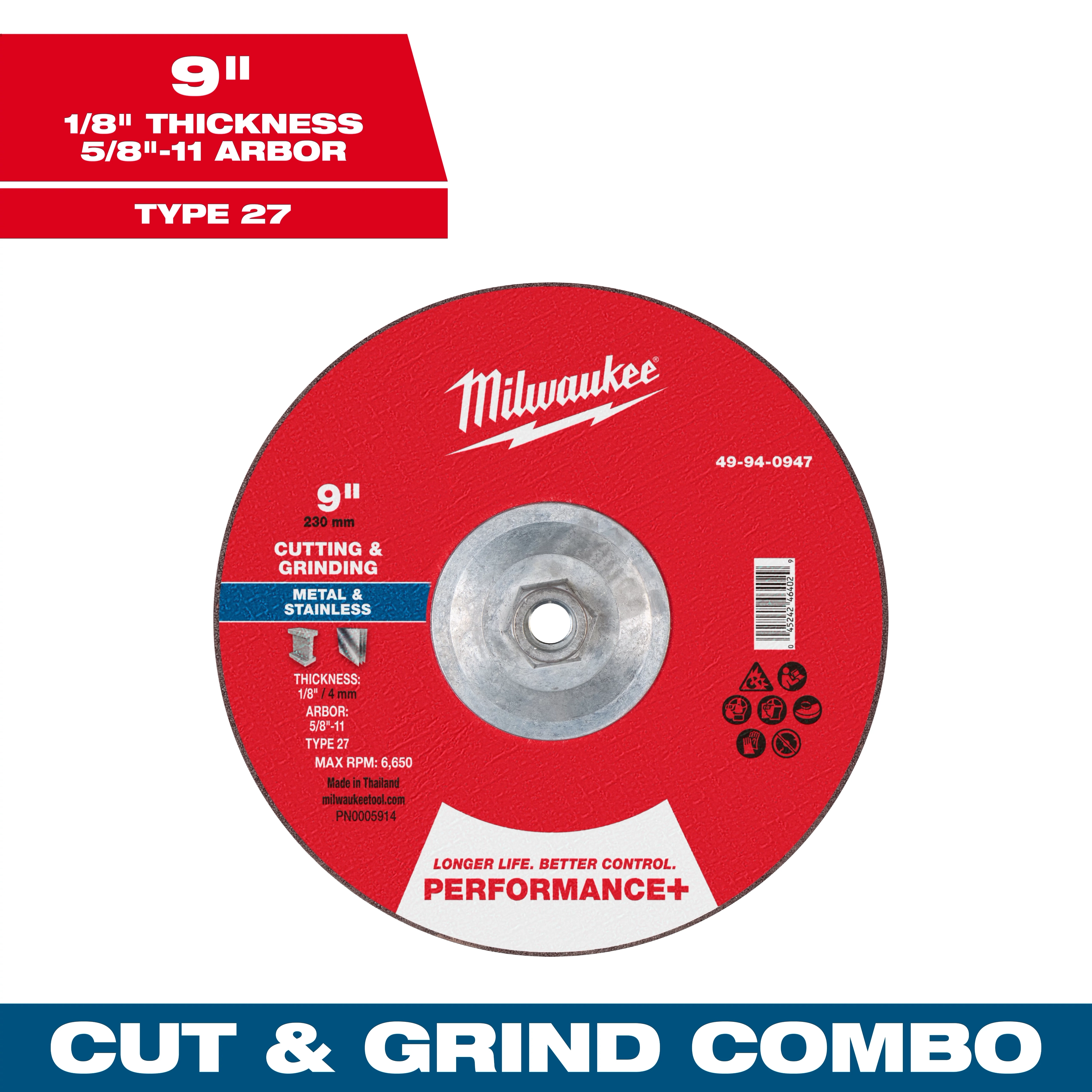 9" x 1/8" x 5/8"-11 Performance+ Dual Metal Cut & Grind Wheel - Type 27. Red grinding wheel for cutting metal and stainless steel.