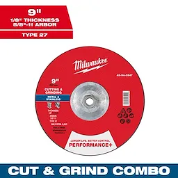9" x 1/8" x 5/8"-11 Performance+ Dual Metal Cut & Grind Wheel - Type 27. Red grinding wheel for cutting metal and stainless steel.