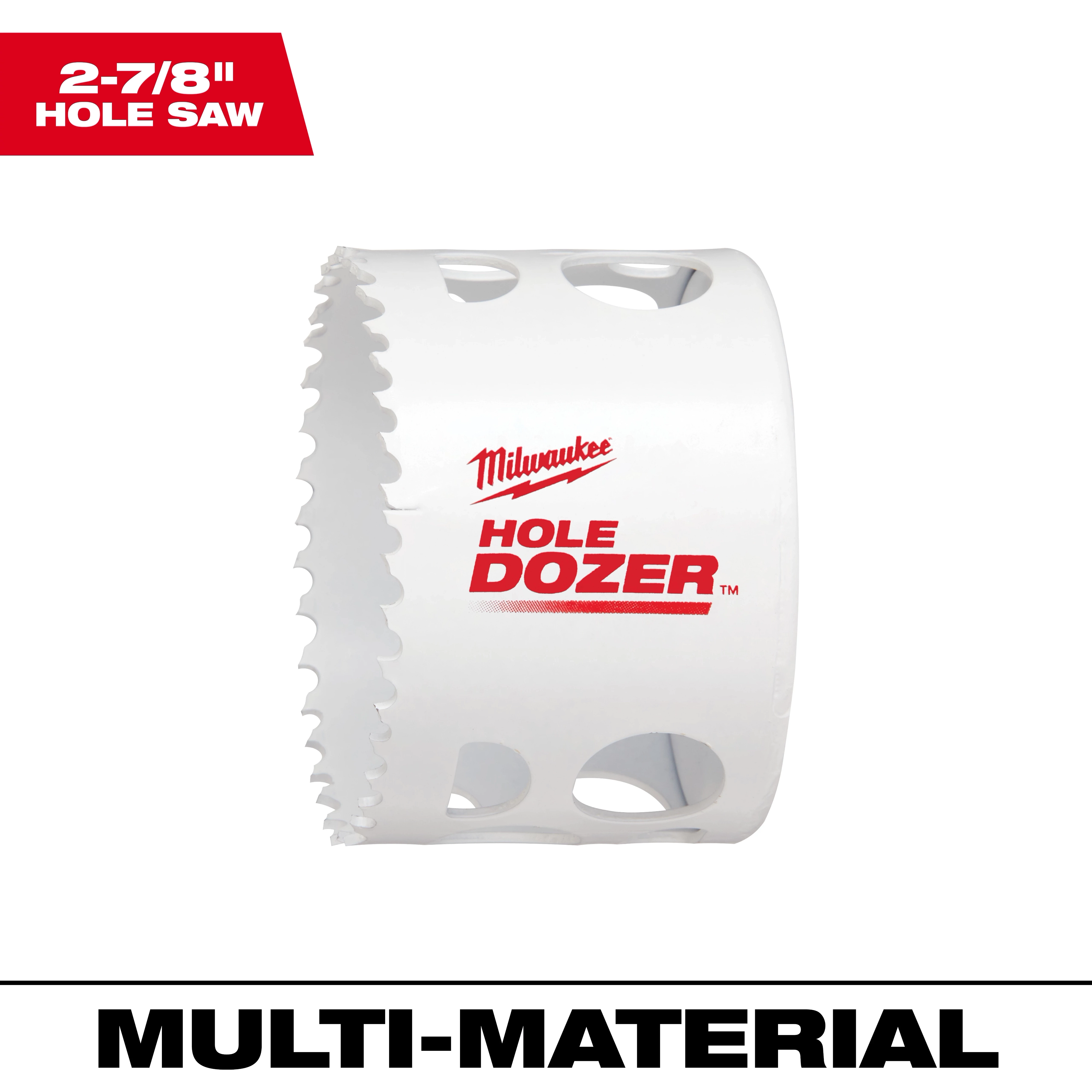 2-7/8" Hole Dozer Bi-Metal Hole Saw with jagged teeth, white body, and red branding. Ideal for cutting through various materials.