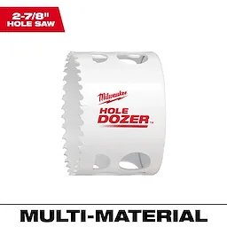 2-7/8" Hole Dozer Bi-Metal Hole Saw with jagged teeth, white body, and red branding. Ideal for cutting through various materials.