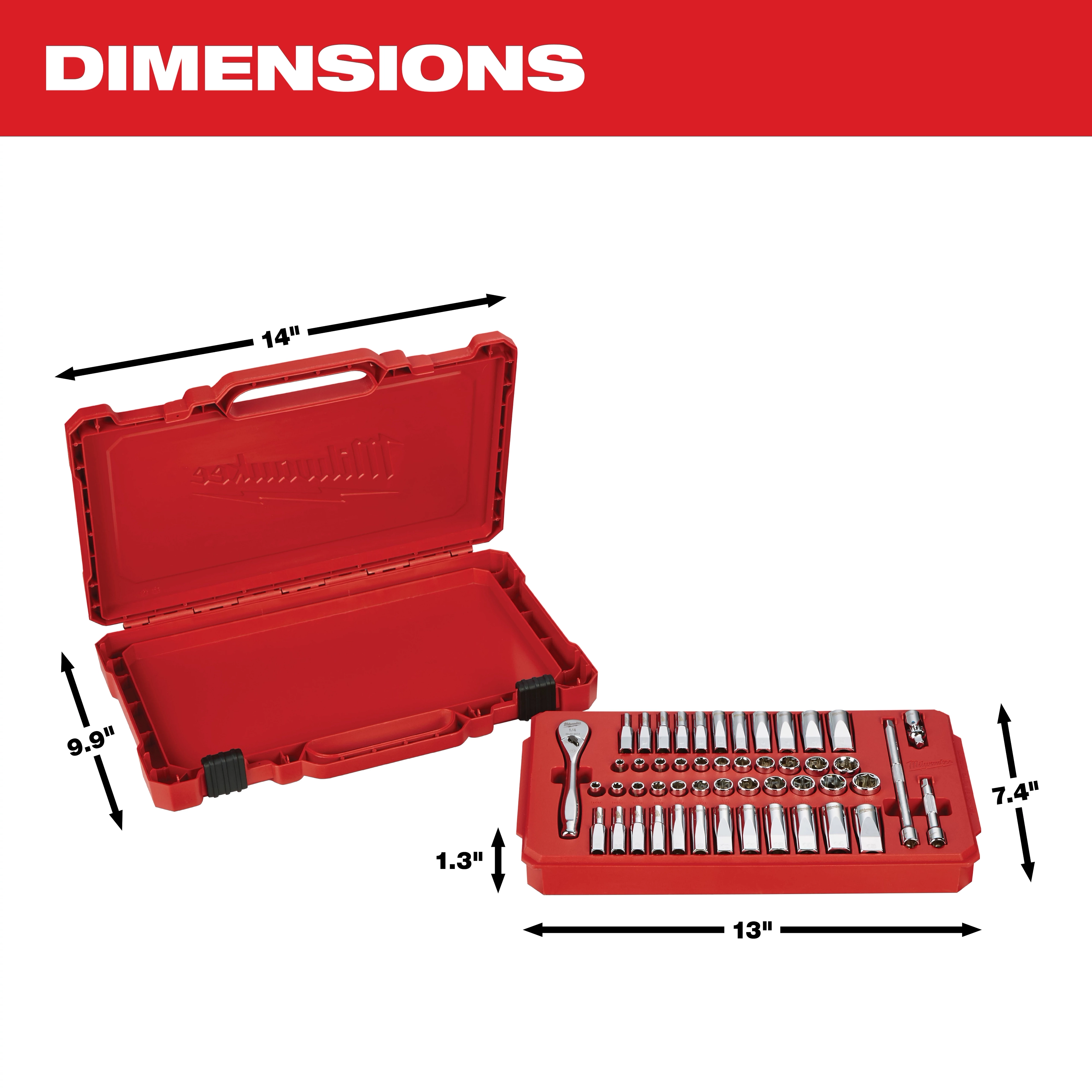 This image shows a red Milwaukee tool case with dimensions labeled. The case measures 14 inches in length, 9.9 inches in height, and 1.3 inches in thickness. The internal tray of tool bits measures 13 inches by 7.4 inches and includes a variety of tools and accessories.