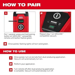 Instructions for pairing and using the VACLINK™ Wireless Dust Control Remote. Steps include pressing the pairing button on the remote and vacuum, and the steps for ensuring the vacuum turns on and off with applications. Images show the remote control and vacuum device with highlighted buttons.