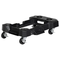 The image shows a Milwaukee Packout Dolly, a black, durable plastic dolly with four caster wheels designed for Milwaukee Packout modular storage system mobility. It features a rectangular frame with cutouts and slots for securing various attachments.