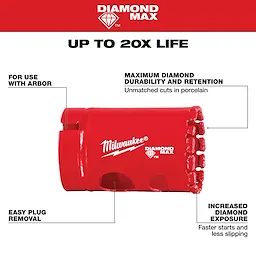 Milwaukee 1-1/4" Diamond Max Hole Saw with red body for porcelain cutting. Features include improved durability, easy plug removal, and increased diamond exposure.