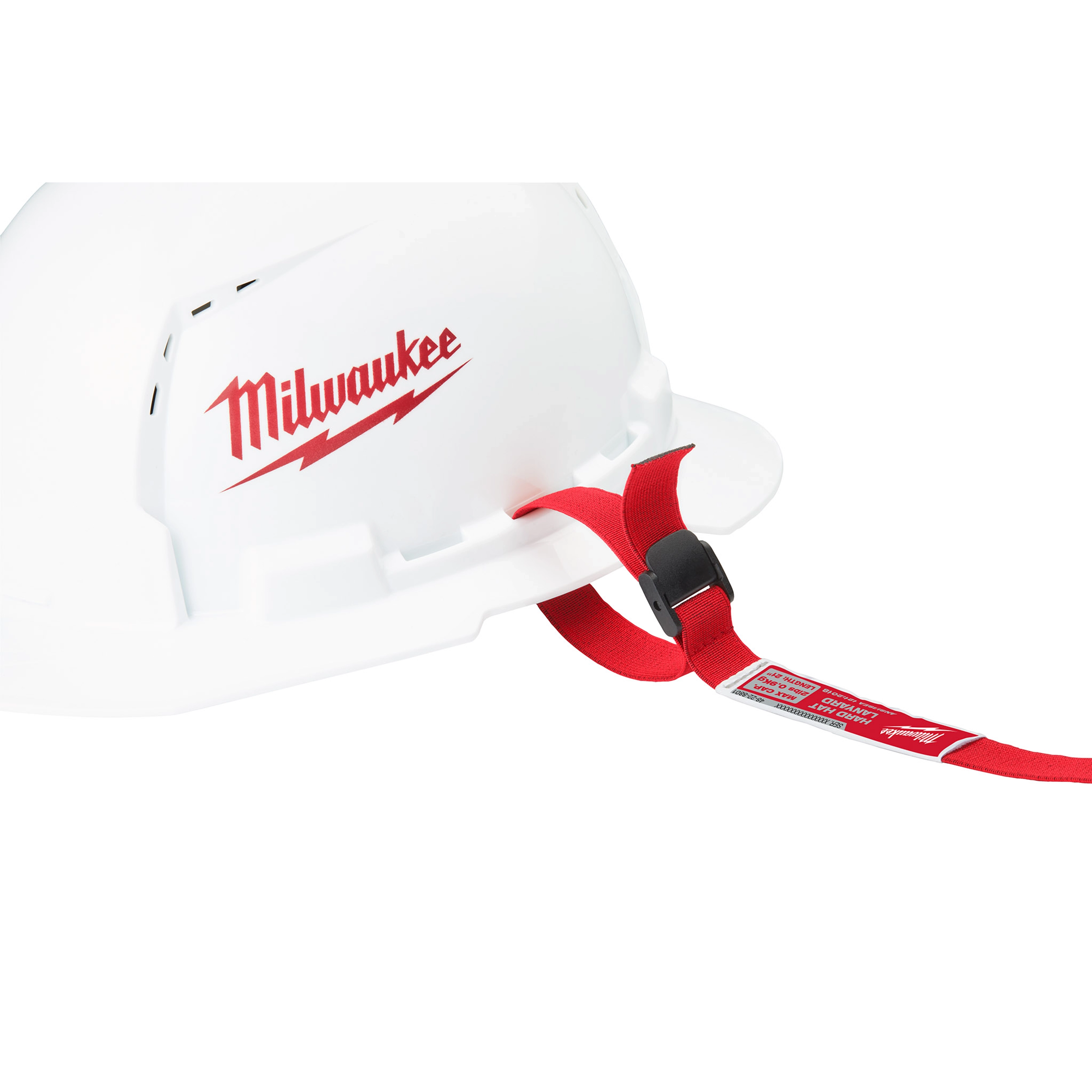 White hard hat attached to a red Hard Hat Lanyard with Loop. The lanyard is fastened to the helmet and features a safety label and branding.