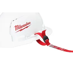White hard hat attached to a red Hard Hat Lanyard with Loop. The lanyard is fastened to the helmet and features a safety label and branding.