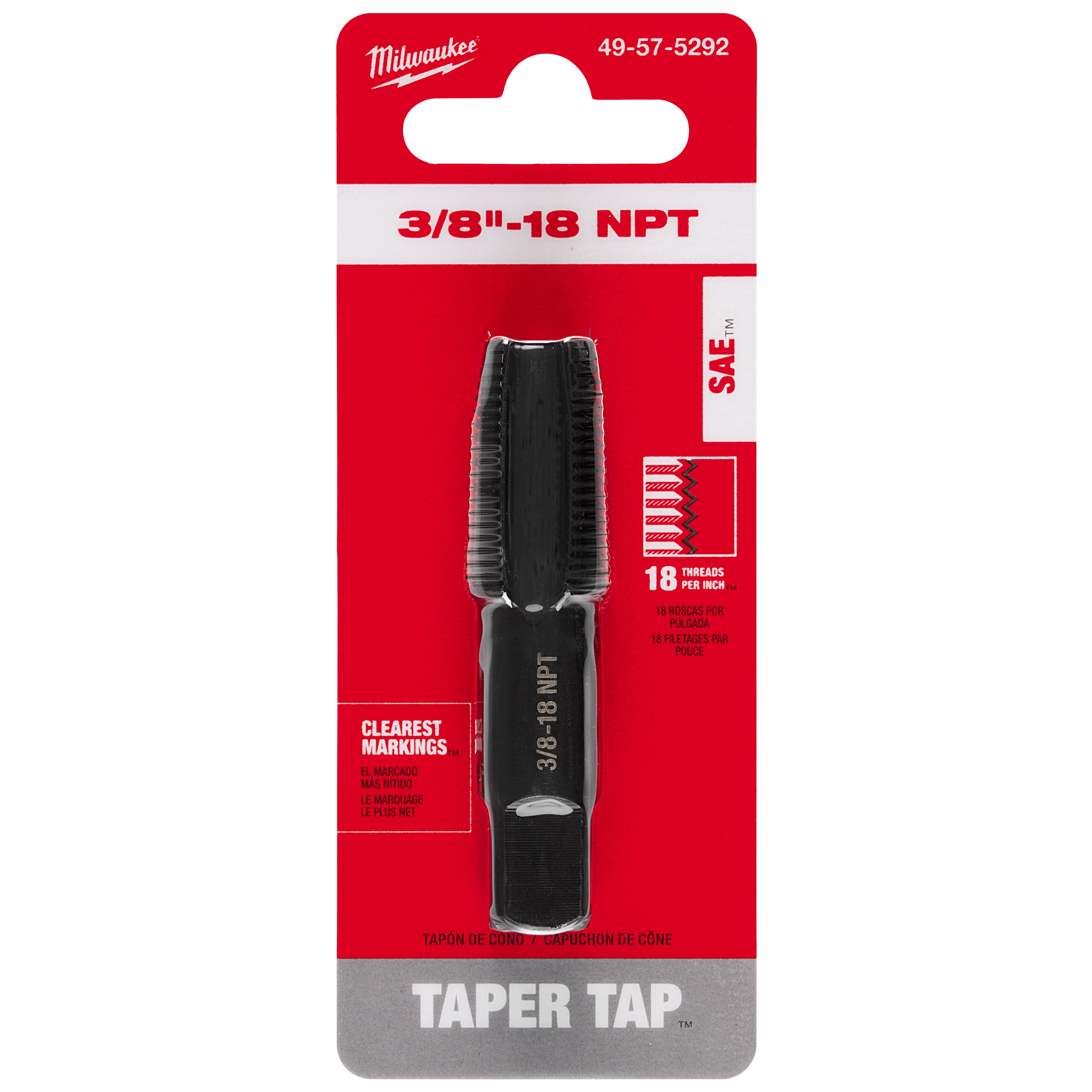 3/8"-18 NPT Straight Flute Taper Tap in packaging with text indicating 18 threads per inch. Black tool on a red background.