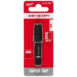 3/8"-18 NPT Straight Flute Taper Tap in packaging with text indicating 18 threads per inch. Black tool on a red background.