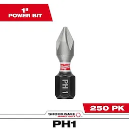 Image of a SHOCKWAVE™ 1" Impact Duty Phillips #1 Insert Bit from Milwaukee, packaged in bulk with 250 pieces. The bit is silver with a red Milwaukee band and black bottom marked "PH1." The text indicates its length (1") and quantity (250 PK).