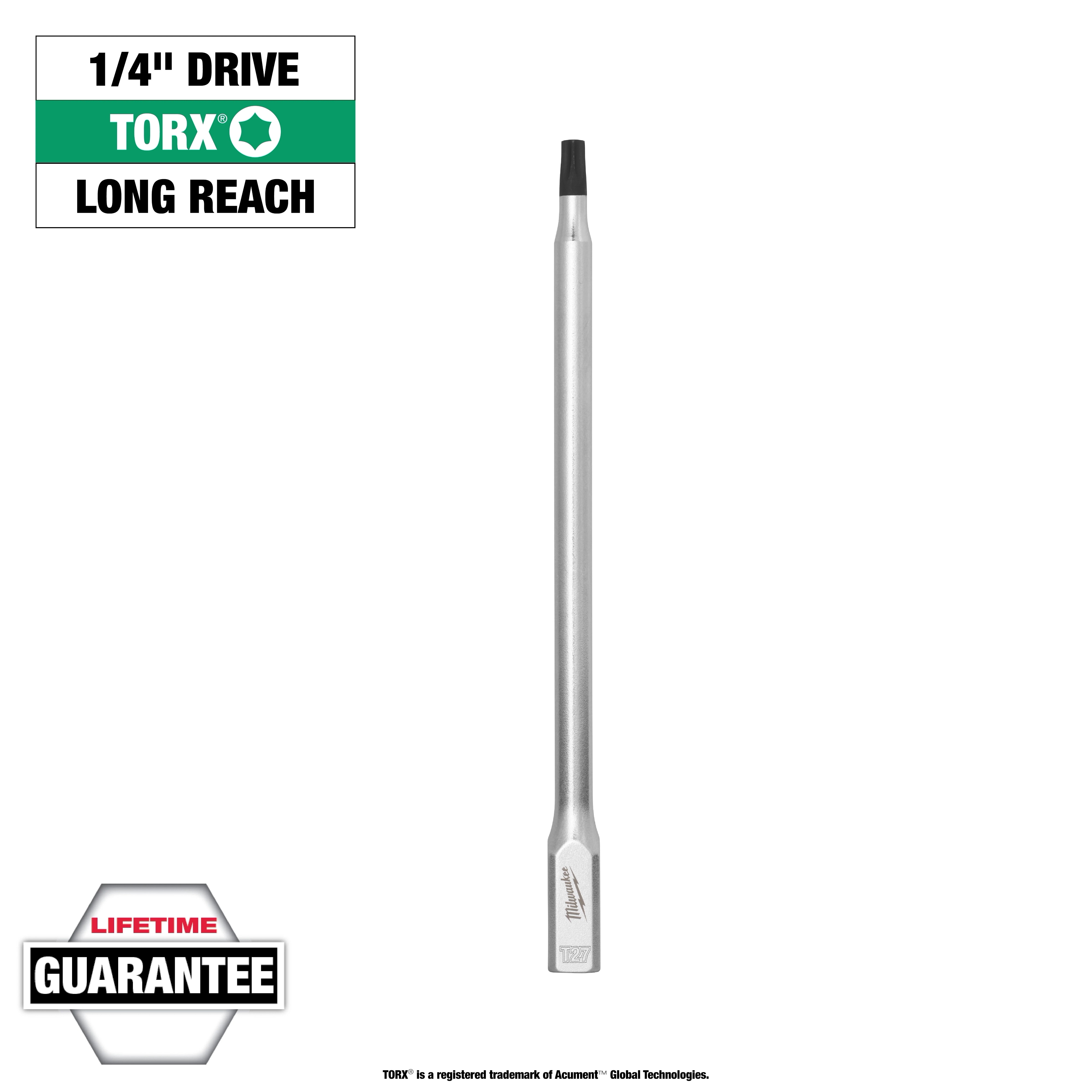 1/4" Drive T27 Long TORX Bit Socket with long reach, in silver with a black tip and a lifetime guarantee label.