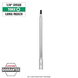 1/4" Drive T27 Long TORX Bit Socket with long reach, in silver with a black tip and a lifetime guarantee label.