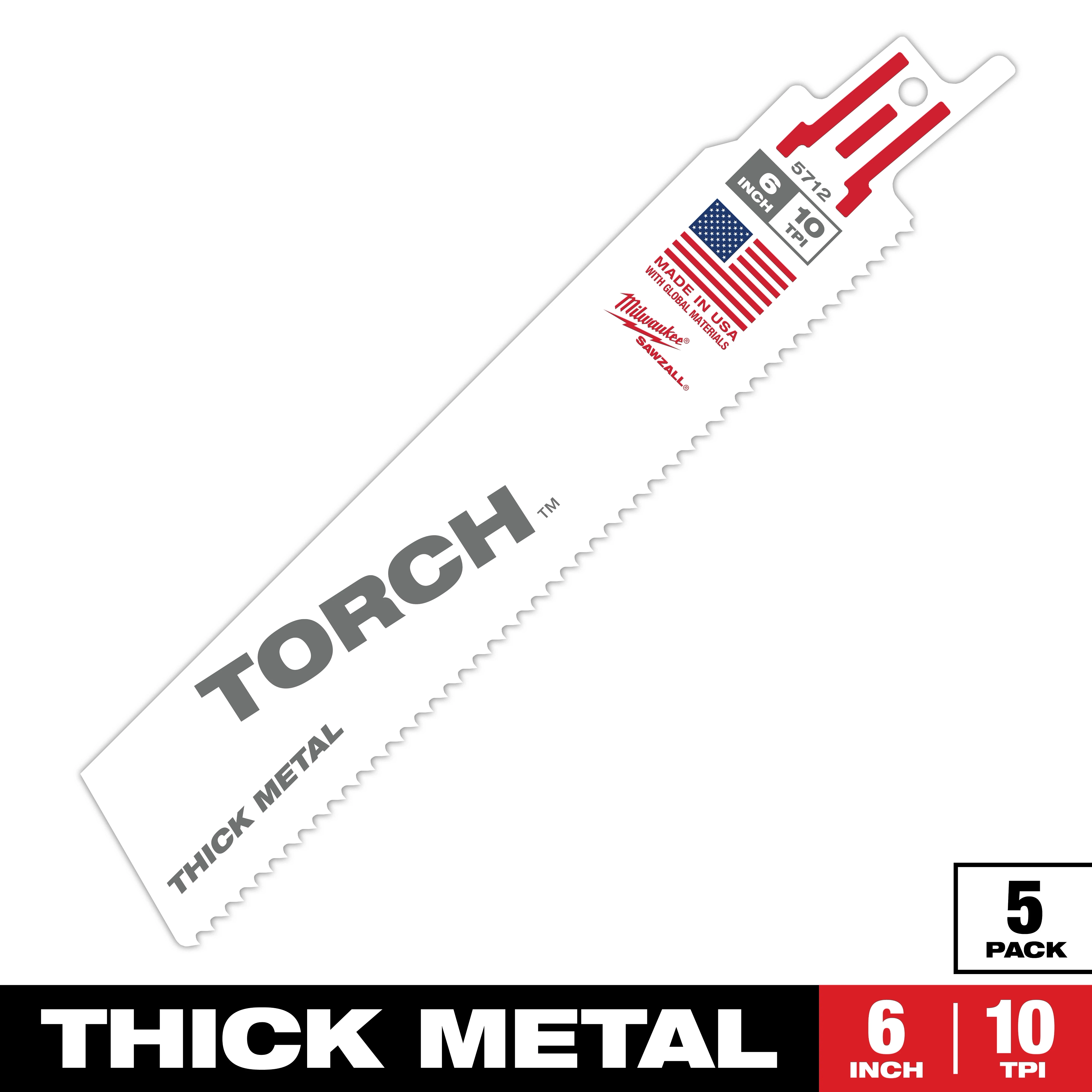 The image displays a single blade from the Sawzall Bi-Metal Carbide Primary Images product line. The blade is labeled "Torch" for thick metal, measures 6 inches, and has 10 teeth per inch. The package contains five blades, made in the USA.