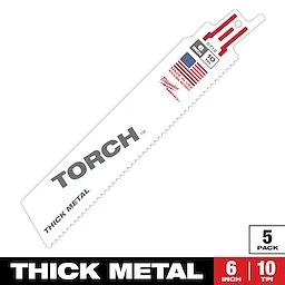 The image displays a single blade from the Sawzall Bi-Metal Carbide Primary Images product line. The blade is labeled "Torch" for thick metal, measures 6 inches, and has 10 teeth per inch. The package contains five blades, made in the USA.