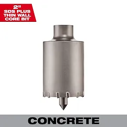 SDS-PLUS Thin Wall Carbide Tipped Core Bit 2" designed for drilling into concrete is shown with a label indicating the material.