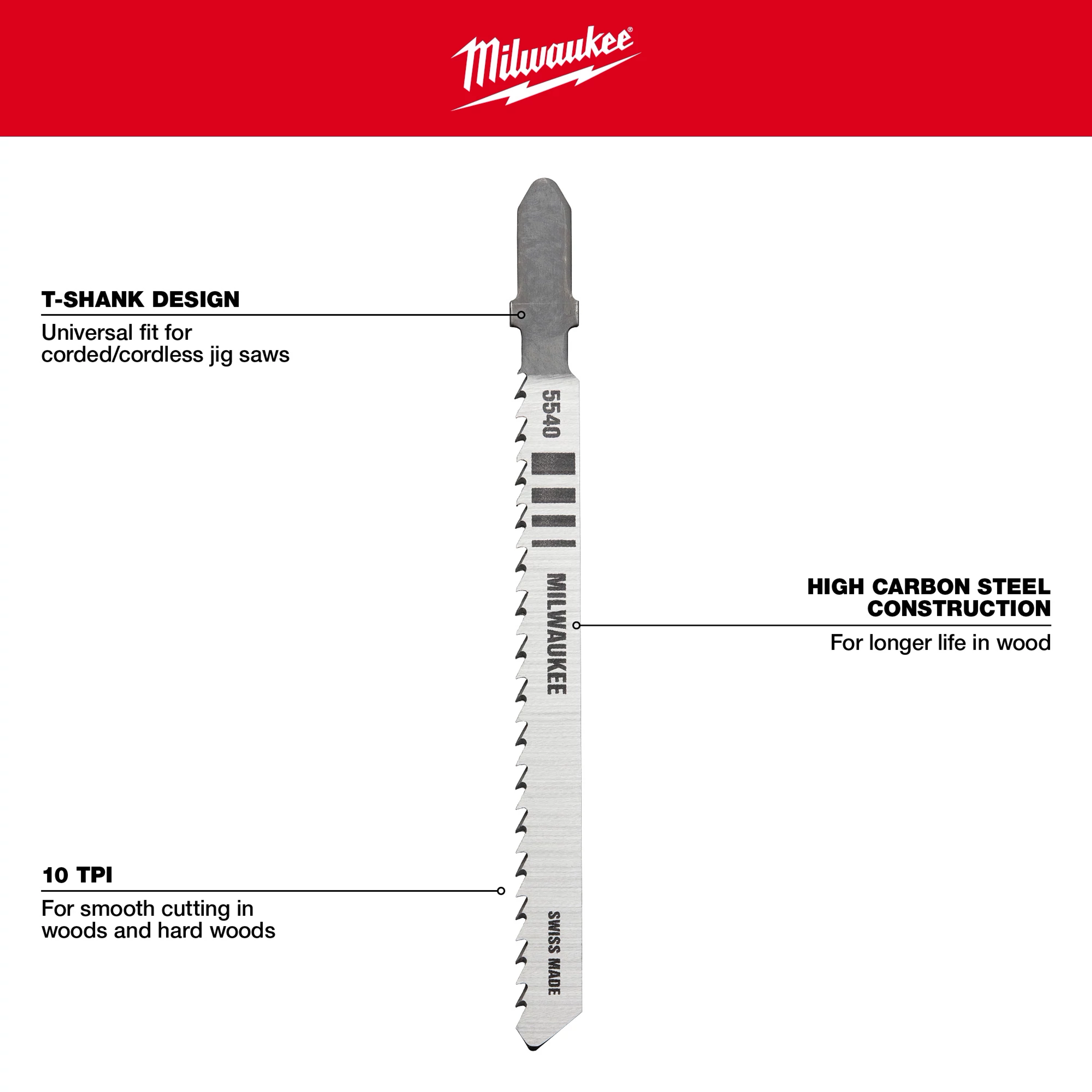 Milwaukee 4" 10 TPI T-Shank Wood High Carbon Steel Jig Saw Blades 5PK features universal fit, high carbon steel construction, and smooth cutting.