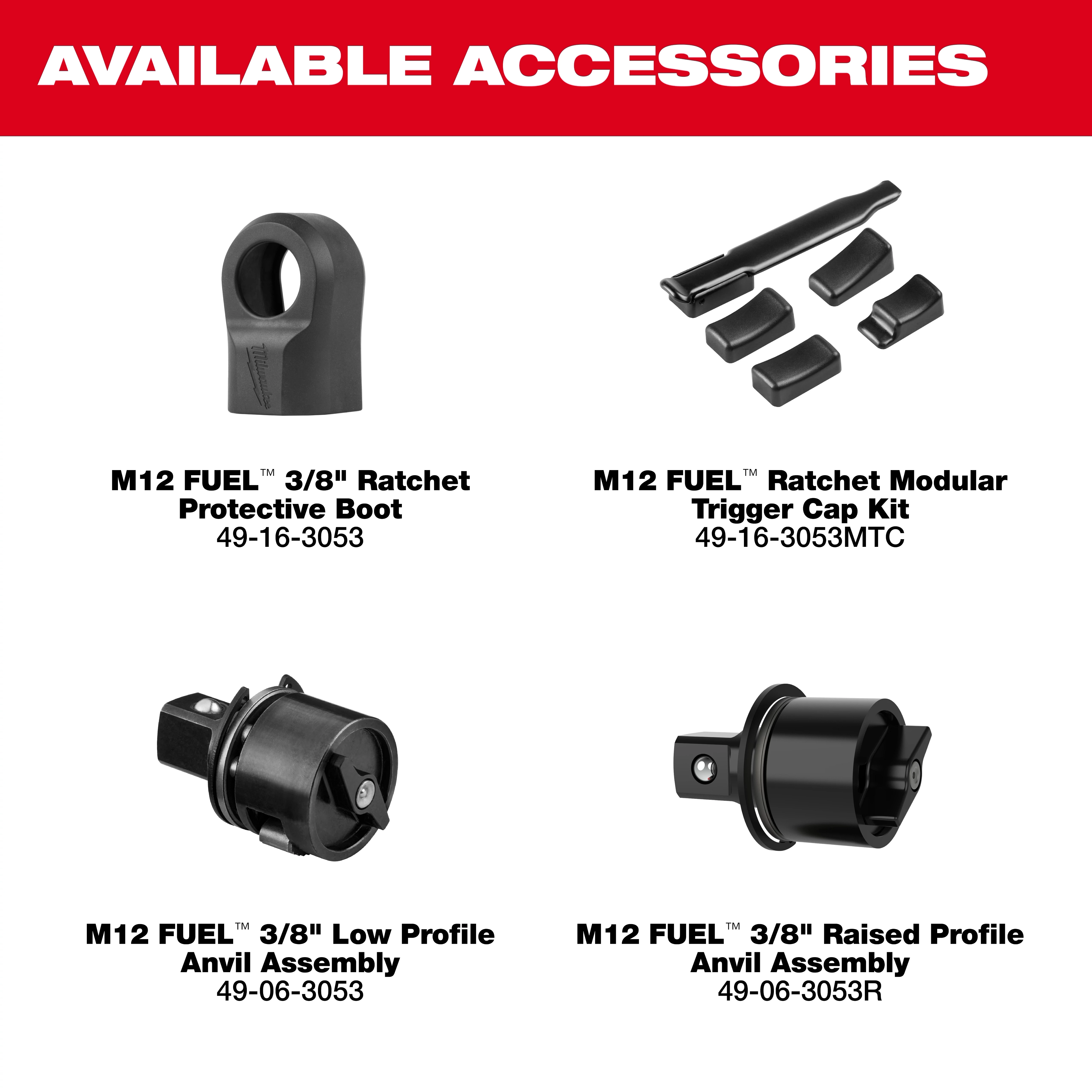 Available accessories for the M12 FUEL 3/8" Ratchet, including boot, trigger caps, and anvil assemblies.