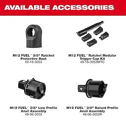 Available accessories for the M12 FUEL 3/8" Ratchet, including boot, trigger caps, and anvil assemblies.
