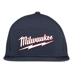 Flat Brim Snapback hat with Milwaukee logo in white and red on a black background, featuring a lightning bolt below the text.