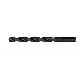 The 25/64" THUNDERBOLT® BLACK OXIDE DRILL BIT features a black oxide finish and a twisted design. It is used for drilling into tough materials with increased durability and reduced friction. The bit has a cylindrical shank with a sharp cutting edge for precise drilling.