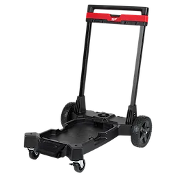The Premium Wet/Dry Vacuum Cart is a black and red cart with sturdy, textured wheels and a handle for easy maneuverability. The cart features a tray for carrying equipment and has two small swivel caster wheels at the front.