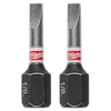 The image shows two SHOCKWAVE™ 1" Impact Duty Slotted 1/8" Insert Bits (2 PK) by Milwaukee. The bits have a slotted head and a visible red and white Milwaukee logo around the midsection. Each bit is labeled with "1/8" at the base.