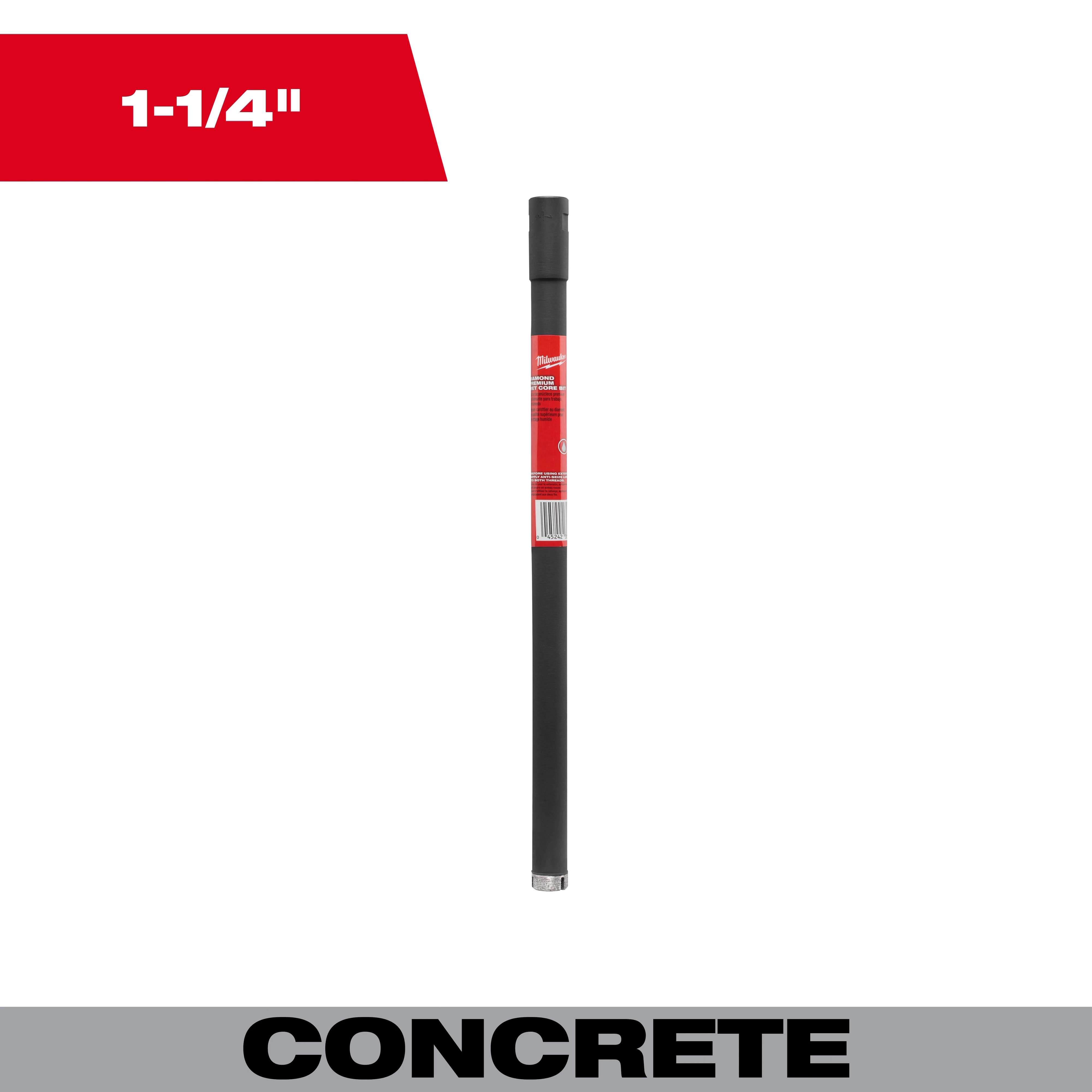 Diamond Premium Wet Core Bits for concrete drilling, 1-1/4" diameter, with a long black cylindrical body and a red label.