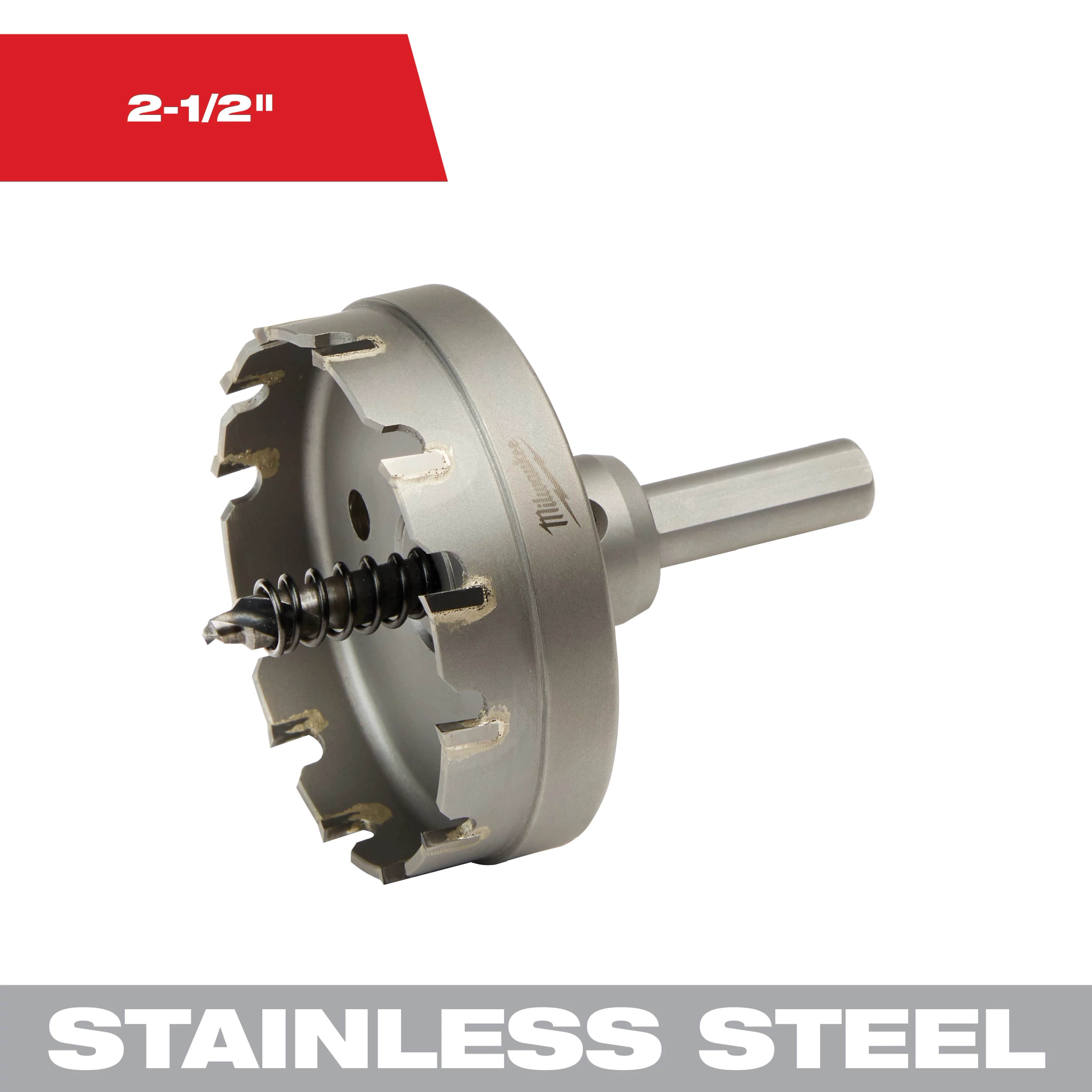 The 2-1/2 in. Carbide Hole Cutter is a stainless steel tool designed for drilling large diameter holes. It features a carbide-tipped edge and a central arbor with a spring for stability. The cutter is packaged in a single unit for heavy-duty applications.