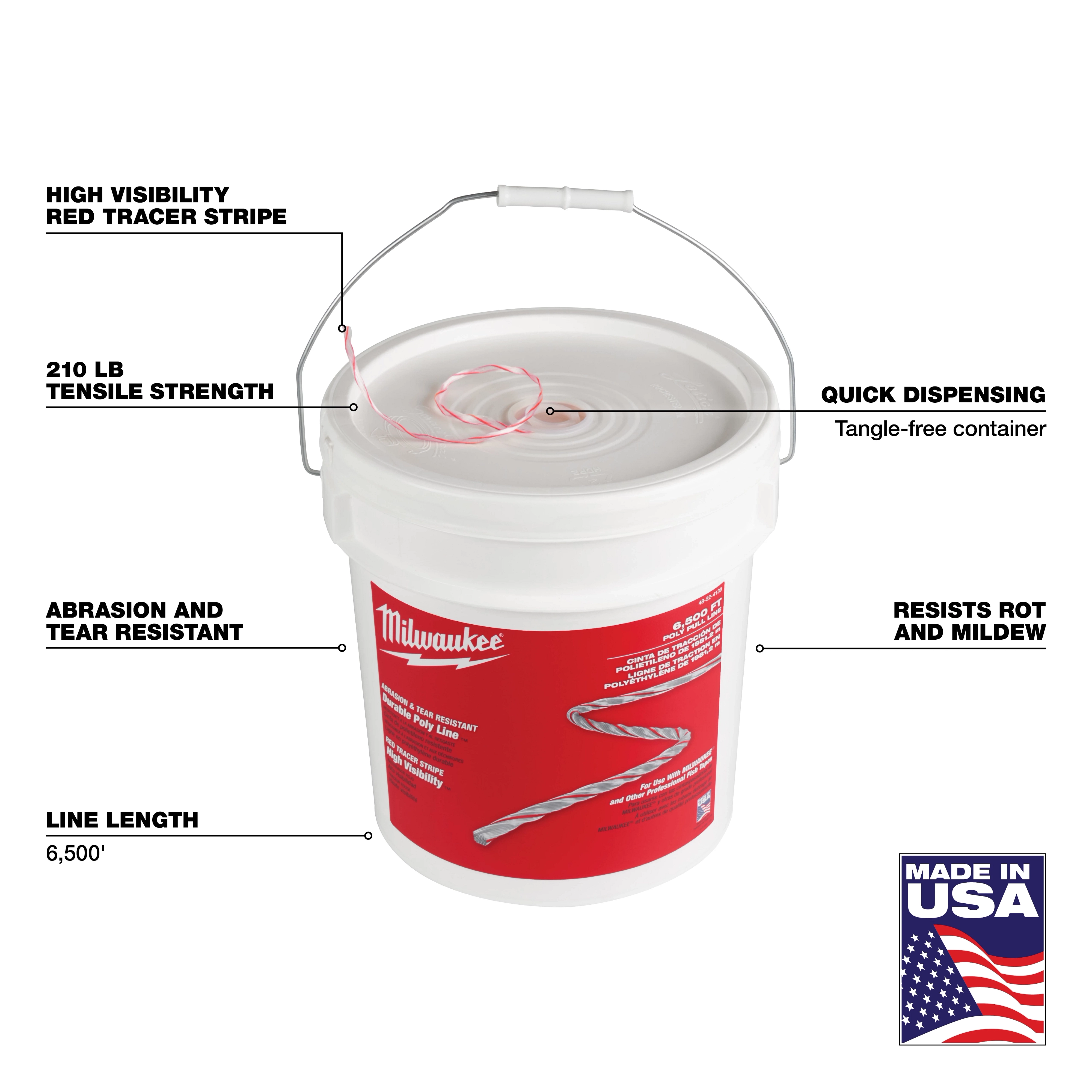 White bucket of 6500’ Poly Pull Line with red tracer stripe, 210 lb tensile strength, quick dispensing, and abrasion and tear resistance.