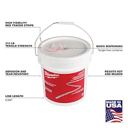 White bucket of 6500’ Poly Pull Line with red tracer stripe, 210 lb tensile strength, quick dispensing, and abrasion and tear resistance.