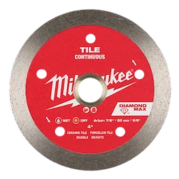 Image of a 4" DIAMOND MAX™ Continuous Tile Diamond Blade with a red center labeled "Milwaukee." It is designed for cutting ceramic, porcelain, marble, and granite tiles. The blade allows wet and dry cutting, and features multiple arbor hole sizes.
