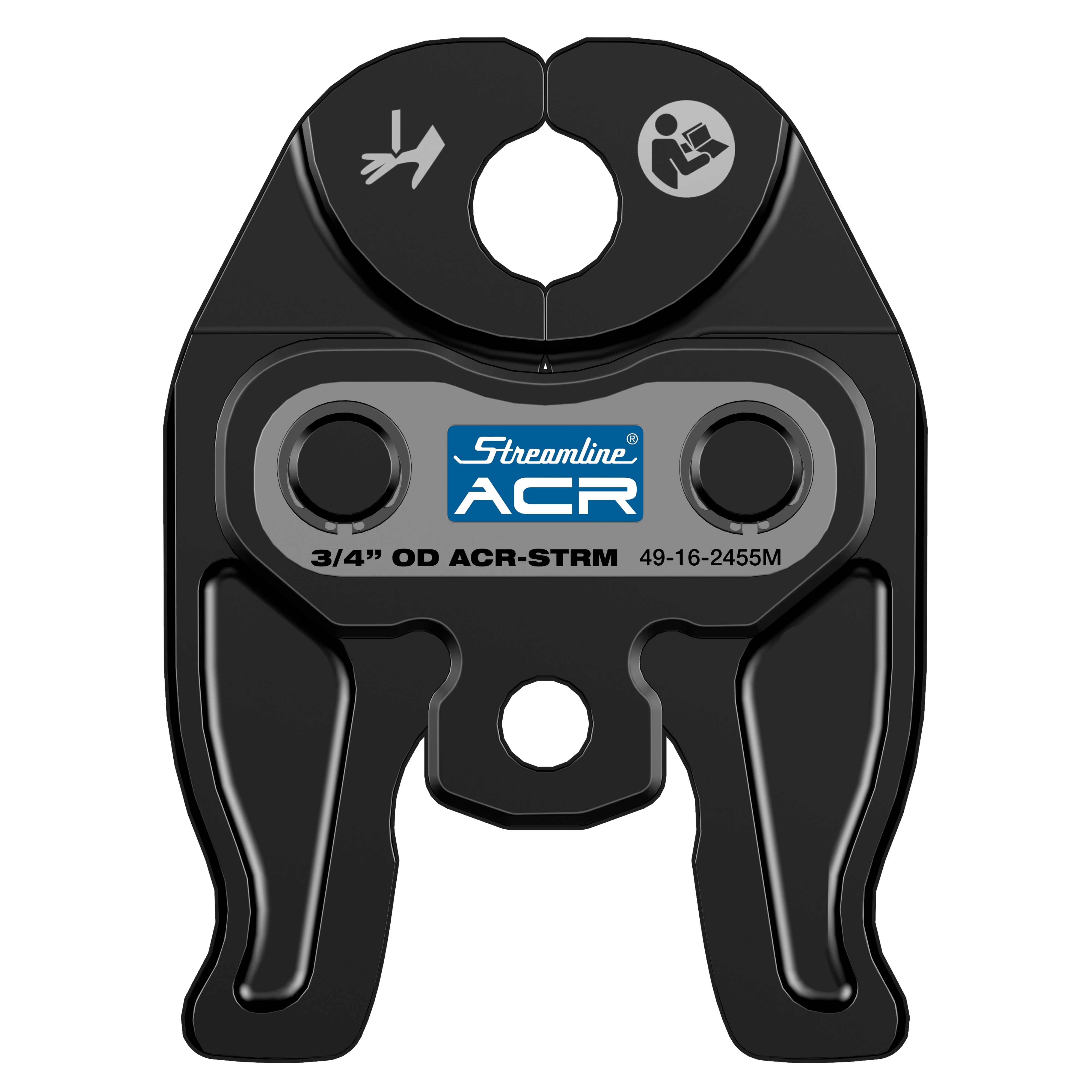 3/4" Streamline ACR Press Jaw for M12 FORCE LOGIC Press Tool, featuring clamp design with safety and operation icons.