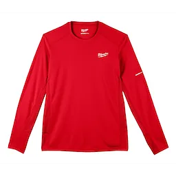 Red WORKSKIN Lightweight Performance Shirt with long sleeves and crew neckline, featuring white logos on the chest and sleeve.