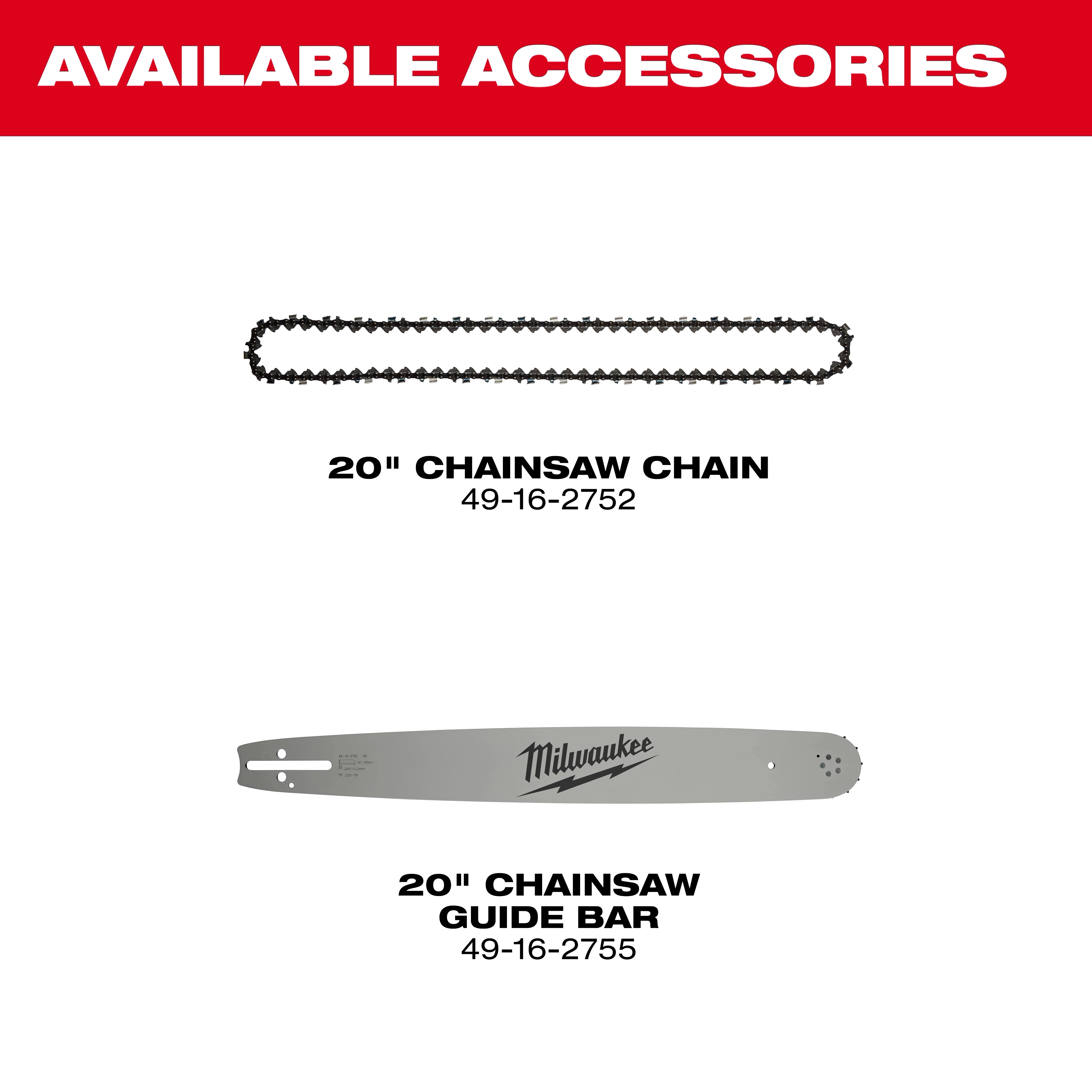 Accessories for the M18 FUEL 20 Dual Battery Chainsaw include a 20" chainsaw chain (49-16-2752) and a 20" chainsaw guide bar (49-16-2755).